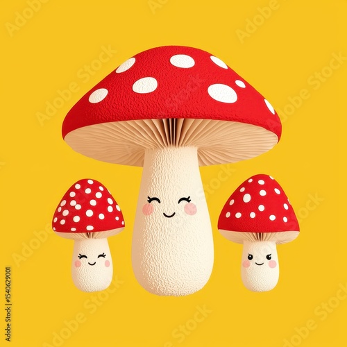Playful Cartoon Mushrooms with Red Caps and White Dots on Yellow Background