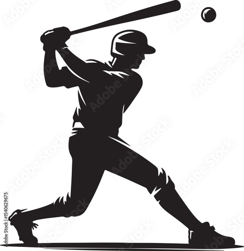 A silhouette of a baseball player swinging a bat at a ball against a white background in a vector style