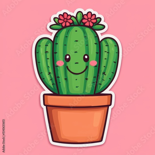 Cute Cartoon Cactus in Pot with Flowers on Pink Background