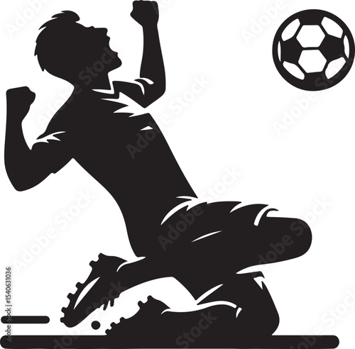 Silhouette of soccer player celebrating a goal with arms raised and soccer ball in the background on white