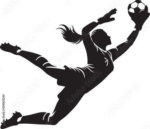 Silhouette of a female soccer goalkeeper diving to catch a soccer ball in a dynamic pose on white