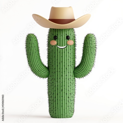 Friendly Cartoon Cactus with Cowboy Hat and Smiling Face