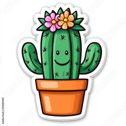 Cute Cartoon Cactus with Flowers in Pot, Cheerful Character Design