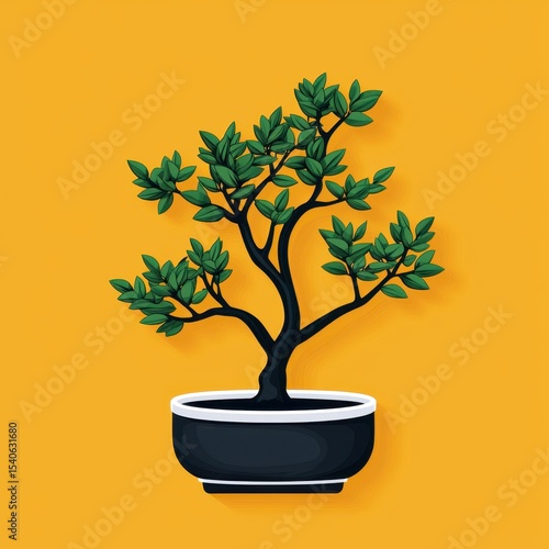 Elegant Green Bonsai Tree in Black Pot on Vibrant Yellow Background