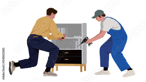 Illustration of two men assembling a flat-pack piece of furniture. One man is holding and positioning shelves while the other uses a tool, possibly a glue gun or screwdriver, to fasten parts