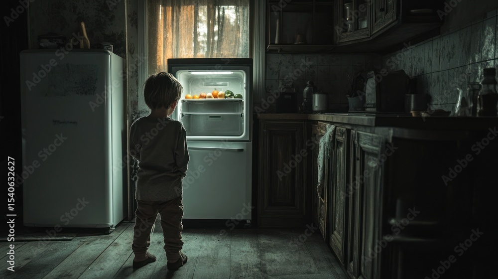 A young child staring into an empty refrigerator in a dimly lit kitchen, symbolizing food insecurity and poverty. A young child staring into an empty refrigerator in a dimly lit kitchen, symbolizing food insecurity and poverty.