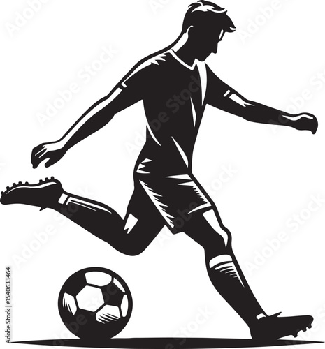 A stylized black and white illustration of a soccer player kicking a soccer ball with white background