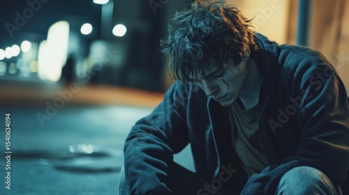 A young homeless man sitting alone on the street, tears streaming down his face, portraying urban poverty and social hardships.