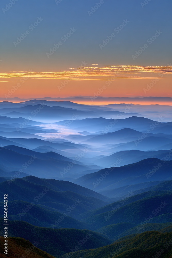 Fototapeta premium Serene Mountain Layers at Sunset with Glowing Mist - Nature Horizon