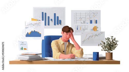 A 3D digital illustration depicting a businessman sitting at a desk, his head in his hands, surrounded by numerous charts and graphs. The style is minimalist with a clean white background. 