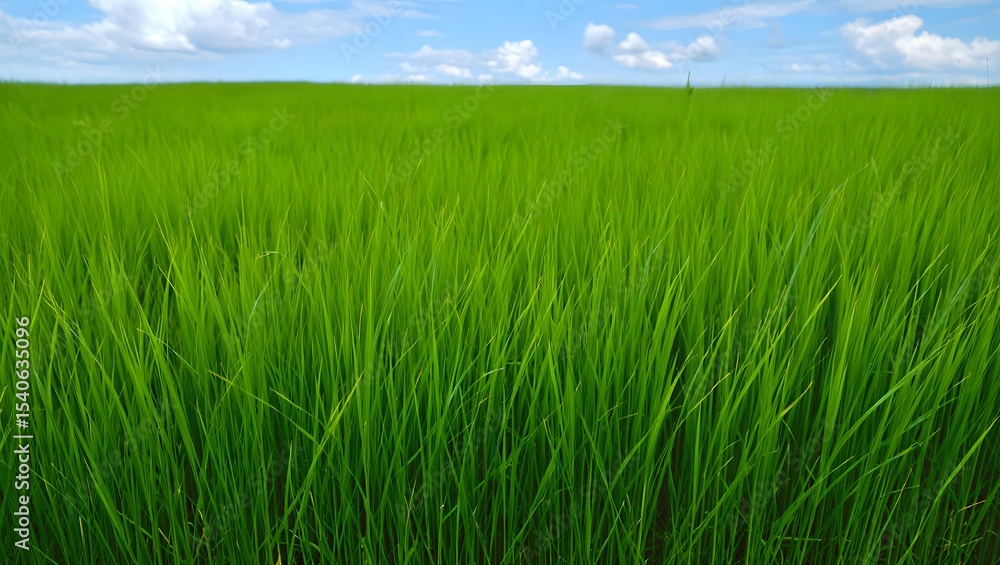 Fototapeta premium Open Green Grass Field with Realistic Texture and Clear Blue Sky in Natural Daylight Landscape