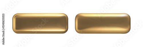 Golden 3d button with rectangle frame for cta or game badge. Elegant metal plate with glossy label and gradient border. Shiny vector illustration for web design.