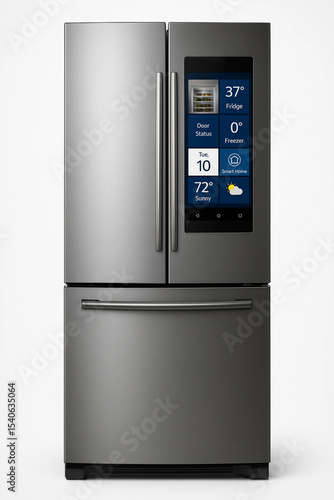 A modern, stainless steel smart refrigerator with a touch screen display showing weather updates and other information in a studio setting, isolated on white background