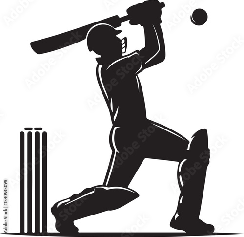 Illustration of a cricket player batting with a ball and wickets in a minimalist silhouette style design