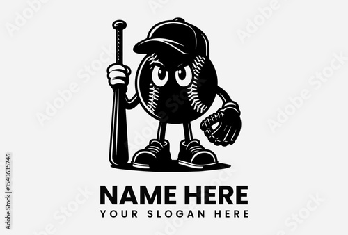 A cartoon baseball holding a bat and mitt, ready for a game, in a bold graphic design.