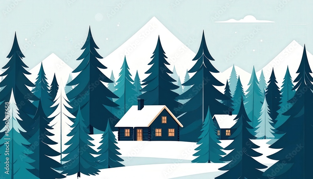 Obraz premium Serene Winter Landscape with Evergreen Trees and Cozy Cabin Retreat