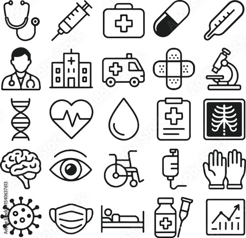 Medical healthcare icons vector set outline style hospital equipment and doctor tools collection isolated