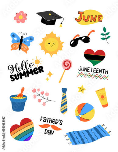 Cute June clipart, sticker set. Vector illustration collection of summer themed elements sun, butterfly, beach objects, flowers. Monthly clip art, stickers for planners, summertime designs. US Letter