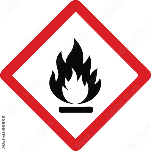 flammable warning sign icon, hazard fire symbol with red diamond border vector illustration