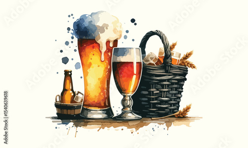beer mug, free drink, watercolor mugs of beer