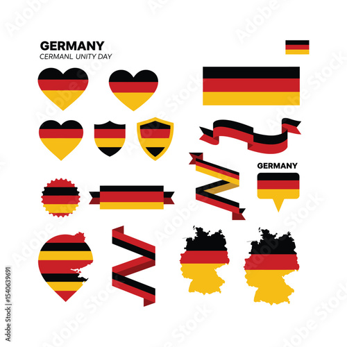"Germany Flag Icon Set – German Unity Day Symbols with Map, Heart, Shield, and Ribbon Designs in Black, Red, and Gold"