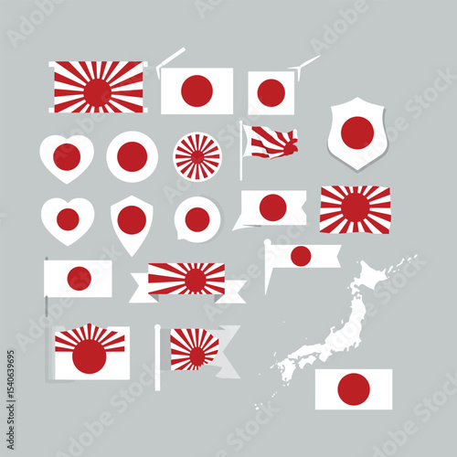 Konstfotografi "Japan Flag Icon Collection – Rising Sun and National Flag Symbols with Map, Hea