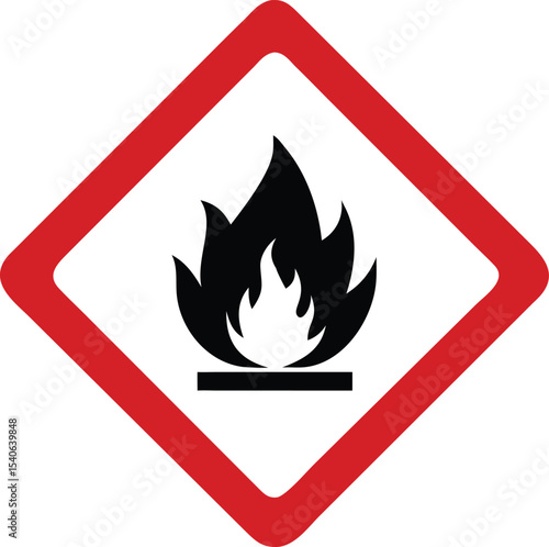 flammable warning sign icon, hazard fire symbol with red diamond border vector illustration