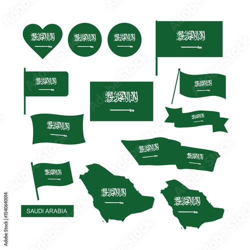 "Saudi Arabia Flag Icon Set – Green and White Saudi Symbols with Map, Heart, Banner, and Waving Flag Designs for National Day"