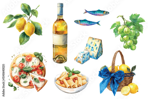 Set of illustrations of Mediterranean products png. Watercolor Mediterranean cuisine products. Lemons, bottle of white wine, sardines, pizza margherita and pasta. Italian cuisine concept. Summer sea 