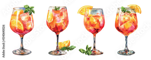 Set of Aperol cocktails png. Watercolor glass with Aperol filled with ice and a slice of apellemin, and decorated with mint. Summer refreshing alcoholic and non-alcoholic drinks. Vector illustration.