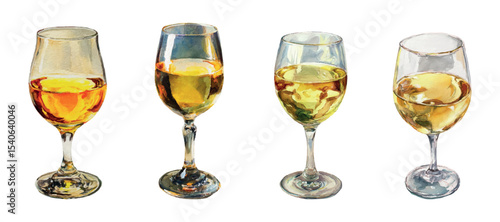 Watercolor set of white wine glasses. Glass of white wine with green grapes png. Concept of wine drinks, alcohol, bar drinks etc. Elements for bar. Vector illustration.