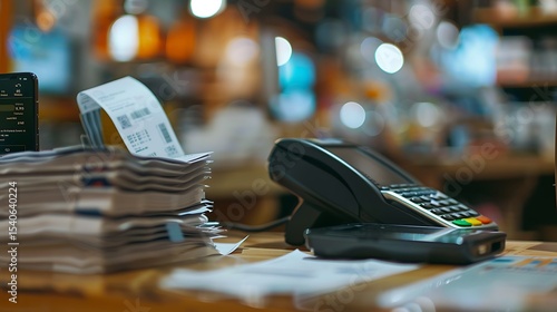 Stack of receipts and payment terminal on a wooden surface.