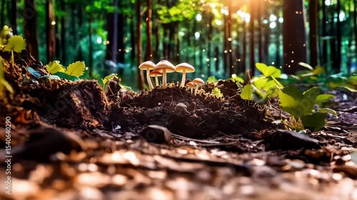 Enchanting mushrooms on a mound of earth illuminated by mystical light deep in the woods with tiny seedlings and leaves