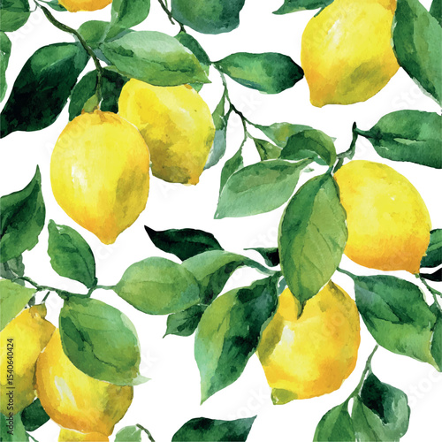 Bright watercolor pattern with lemons, created in a Mediterranean style. Branches with yellow ripe lemons are depicted, surrounded by dense green leaves. Lemon pattern. Vector illustration.