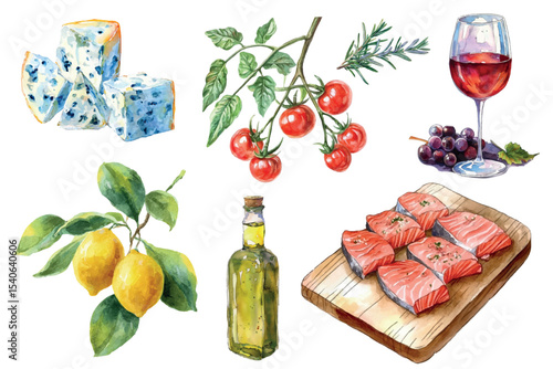 Watercolor set of Italian products and food png. Blue cheese with mold, glass of red wine, branch of tomatoes and lemons, bottle of olive oil. Concept of preparing dinner. Italian and mediterranean 