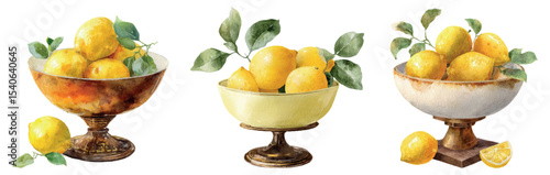 Watercolor set of vintage vases with ripe lemons. Large round bowl on a wooden stand filled with several ripe lemons. Mediterranean concept. Vector illustration.
