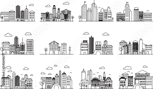 Set of city buildings. Line urban backdrop, different buildings on street, doodle street draw, outline cityscape hand sketch, flat houses. Hand drawn vector illustration