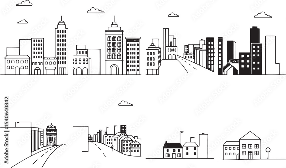 Set of city buildings. Line urban backdrop, different buildings on street, doodle street draw, outline cityscape hand sketch, flat houses. Hand drawn vector illustration Set of city buildings. Line urban backdrop, different buildings on street, doodle street draw, outline cityscape hand sketch, flat houses. Hand drawn vector illustration