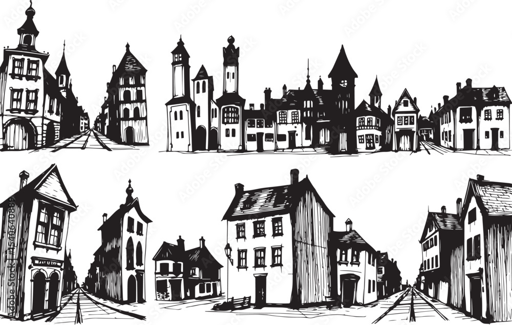Obraz premium Set of city buildings. Line urban backdrop, different buildings on street, doodle street draw, outline cityscape hand sketch, flat houses. Hand drawn vector illustration