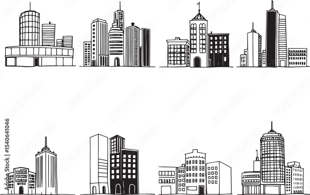 Fototapeta premium Set of city buildings. Line urban backdrop, different buildings on street, doodle street draw, outline cityscape hand sketch, flat houses. Hand drawn vector illustration