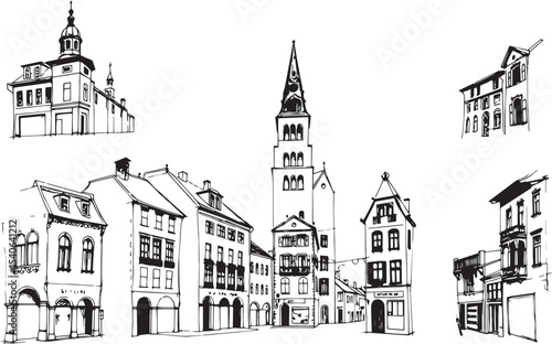 Set of city buildings. Line urban backdrop, different buildings on street, doodle street draw, outline cityscape hand sketch, flat houses. Hand drawn vector illustration