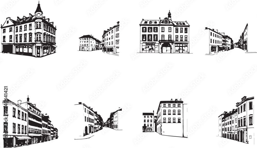 Obraz premium Set of city buildings. Line urban backdrop, different buildings on street, doodle street draw, outline cityscape hand sketch, flat houses. Hand drawn vector illustration