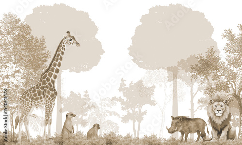 Photography intage Safari Animals Wallpaper: Muted Brown Giraffe, Lions & Cubs in Forest