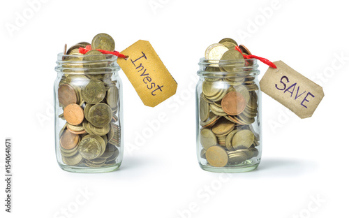 glass jars filled with coins labeled Invest and Save, symbolizing financial planning focus on money management strategies.