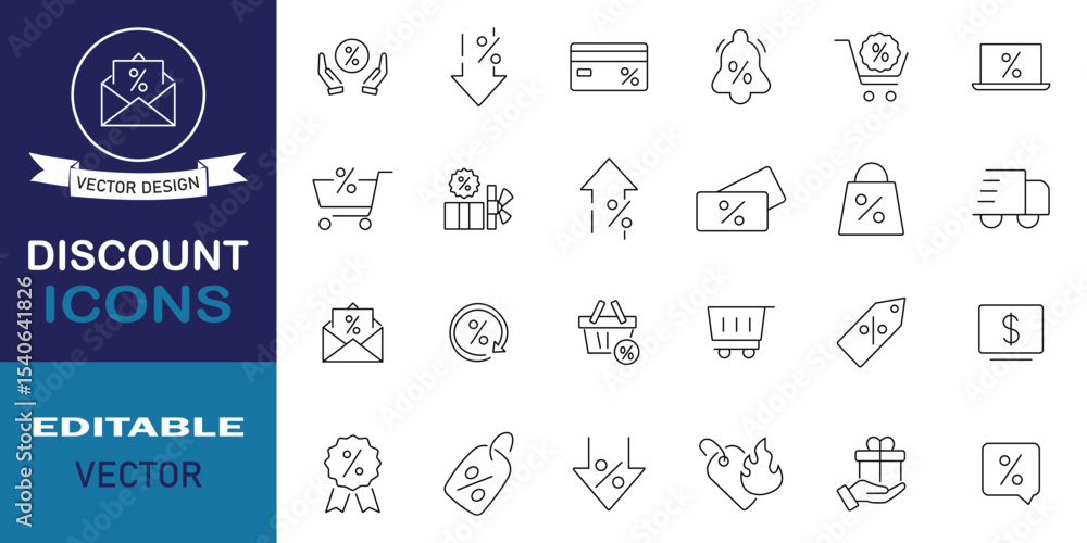 Discount icon set in line style. Sale, coupon, shop, offer, promotion, price tag, deal, cashback and more outline symbol. Set of 24 shopping related icons. Editable stroke. Vector illustration.