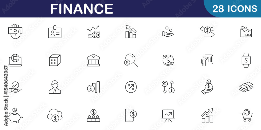 Finance icons set in line style. Vector finance editable stroke icon set with money, bank, check, wallet, piggy, balance, safe and more symbol. Set of 28 finance related icons. Vector illustration. Finance icons set in line style. Vector finance editable stroke icon set with money, bank, check, wallet, piggy, balance, safe and more symbol. Set of 28 finance related icons. Vector illustration.