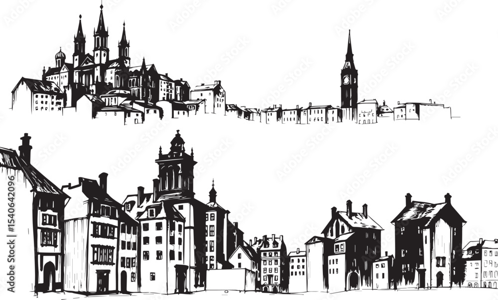Fototapeta premium Set of city buildings. Line urban backdrop, different buildings on street, doodle street draw, outline cityscape hand sketch, flat houses. Hand drawn vector illustration