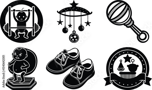 set of vector of  Baby gym , Baby mobile, Baby rattle deferent icons