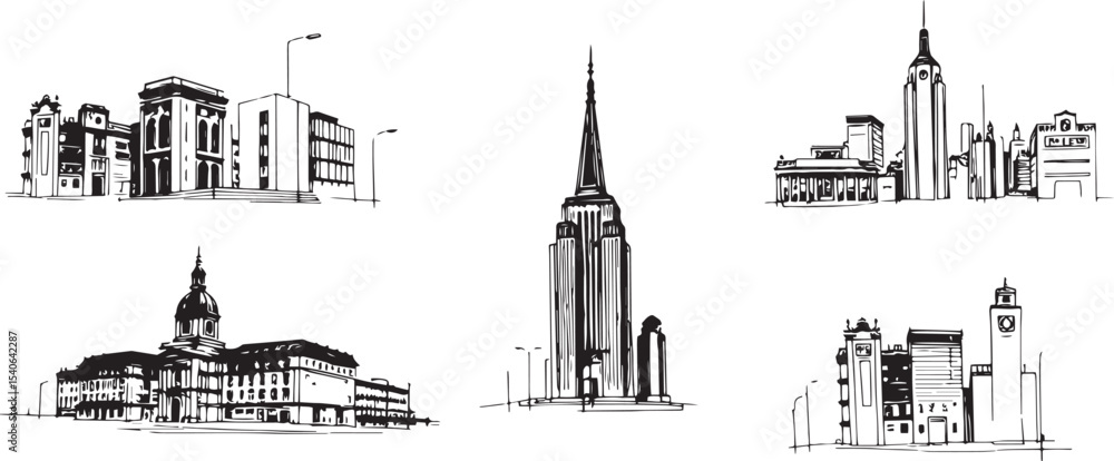 Fototapeta premium Set of city buildings. Line urban backdrop, different buildings on street, doodle street draw, outline cityscape hand sketch, flat houses. Hand drawn vector illustration