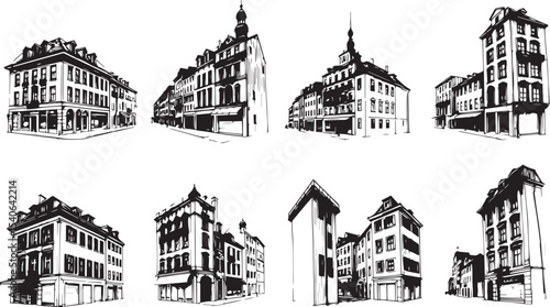Set of city buildings. Line urban backdrop, different buildings on street, doodle street draw, outline cityscape hand sketch, flat houses. Hand drawn vector illustration
